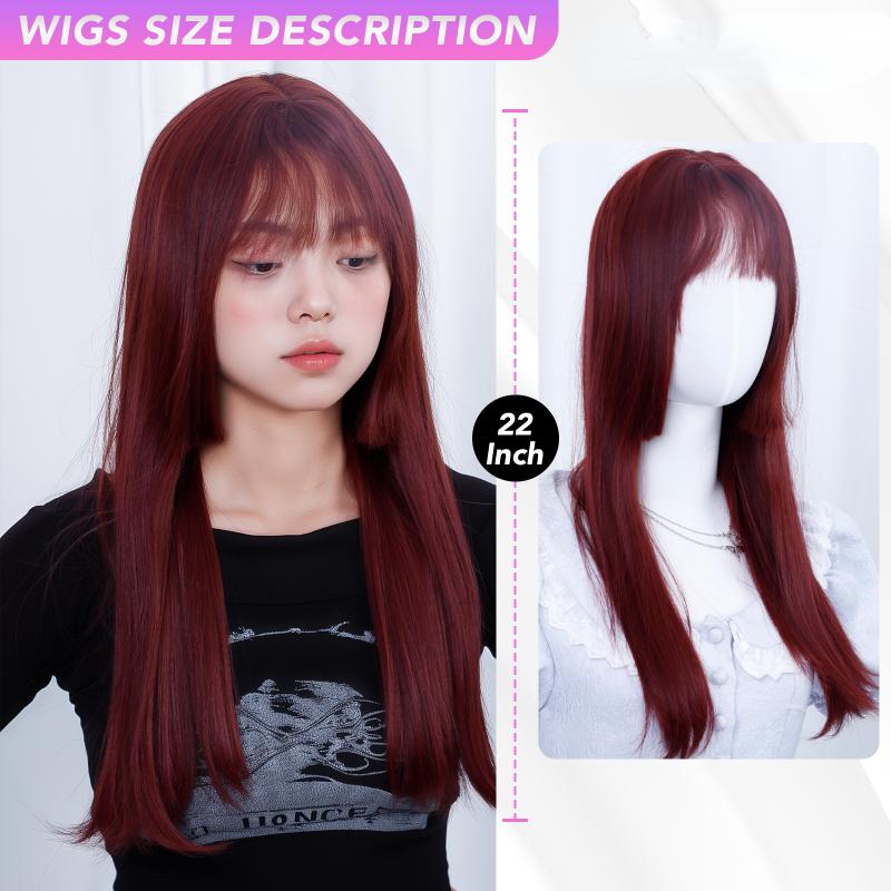 Deep Red Wig Long Sprincess Traight Bangs 22 Inch  Fiber Synthetic Heat-resistant Natural Party or Selfie For Women Korean Fashion