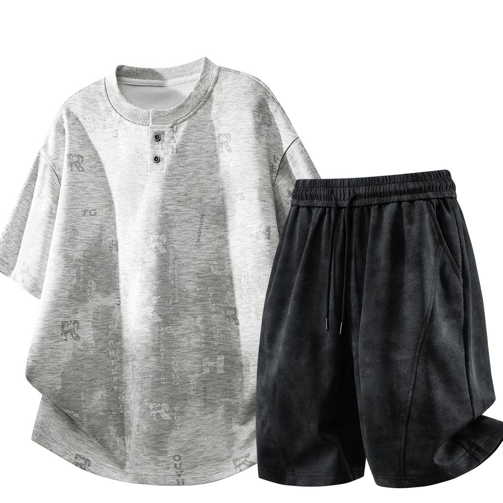 Men's Patchwork Top, Drawstring Design, Comfortable Two-piece Trousers Set