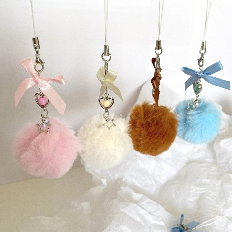 Trendy Pentastars Key Rings Pendant Rabbit Faux Furs Ball Keychain  Accessories