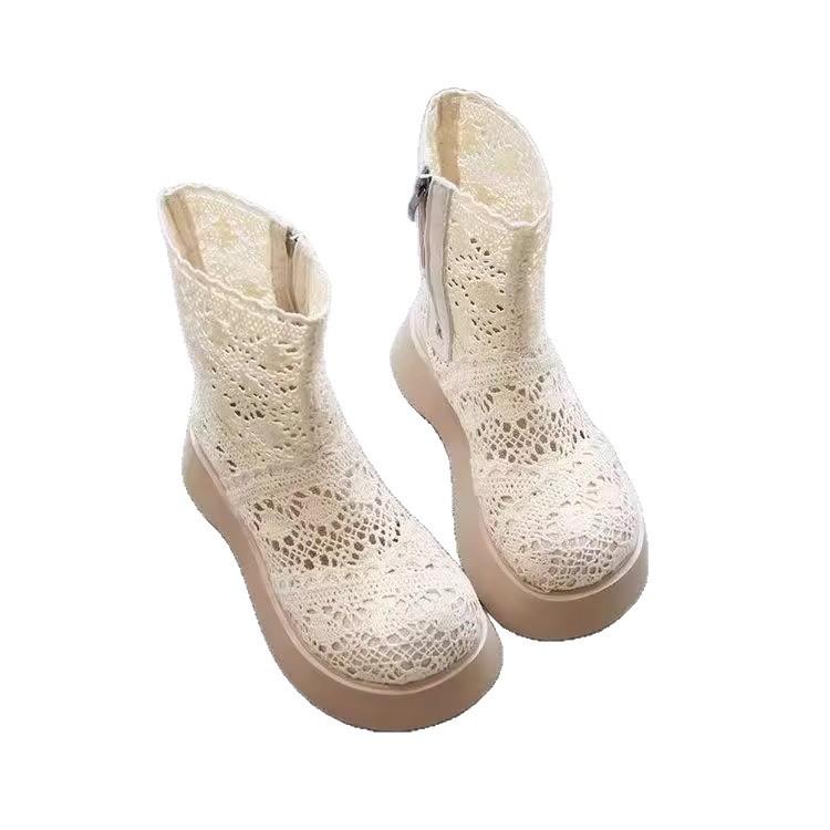 Women's Summer Breathable Boots Thin Hollow Lace Mesh Ankle Boots with Chunky Sole Boho Style