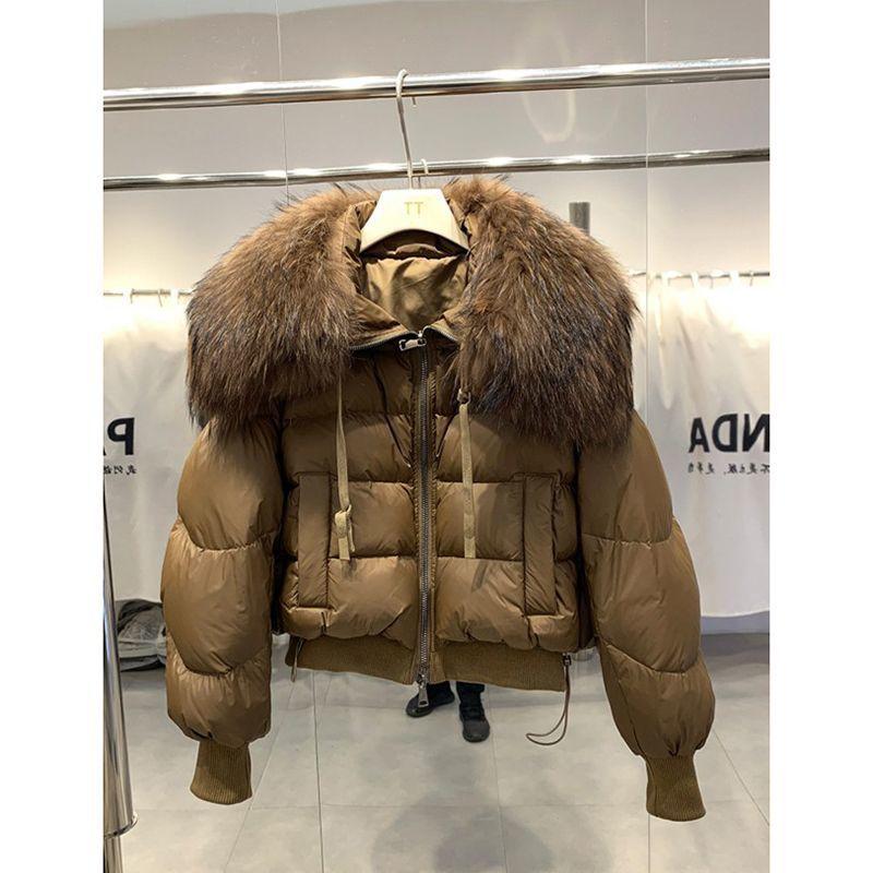 Зимняя куртка-пуховик женская с большим меховым воротником короткая женская парка толстый теплый пуховик свободный XXXL кофейный