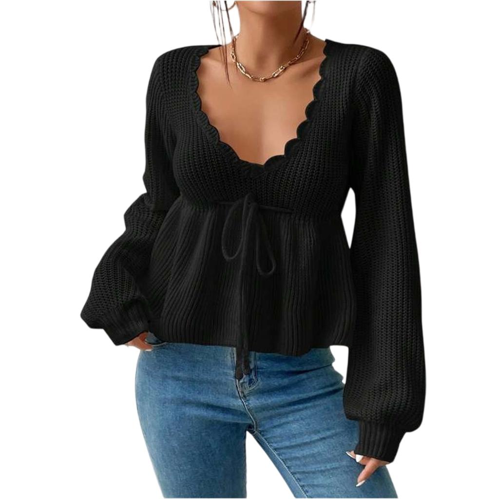 Women's Casual Fashion Loose V-neck Drawstring Ruffled Skirt Knitted Pullover Top
