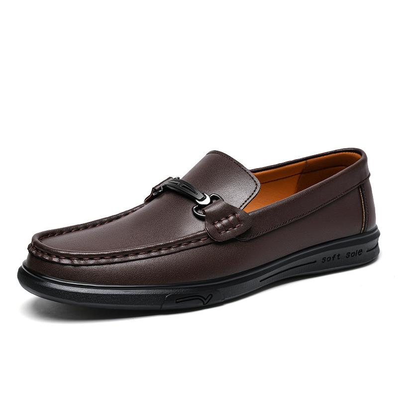 Fashion Stylish Metal Buckle Men Loafers New Genuine Leather Mens Casual Shoe Moccasins Breathable Men Driving Shoes Comfy Slip On Flats