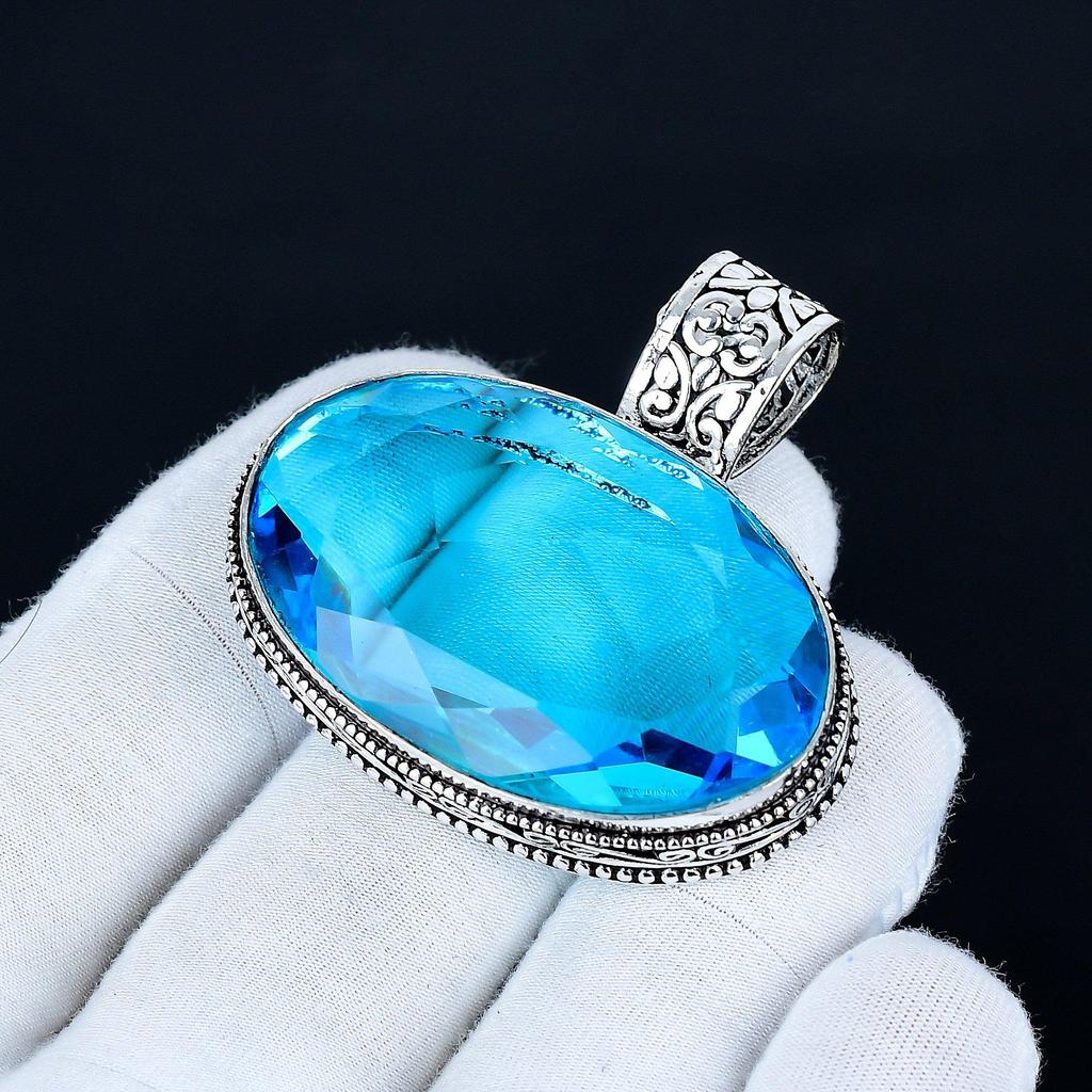 Blue Topaz Pendant, 925 Sterling Silver Handmade Jewelry, Blue Topaz Silver Pendant, Party Wear Jewelry For Women's, Pendant Valentine's Day Gift