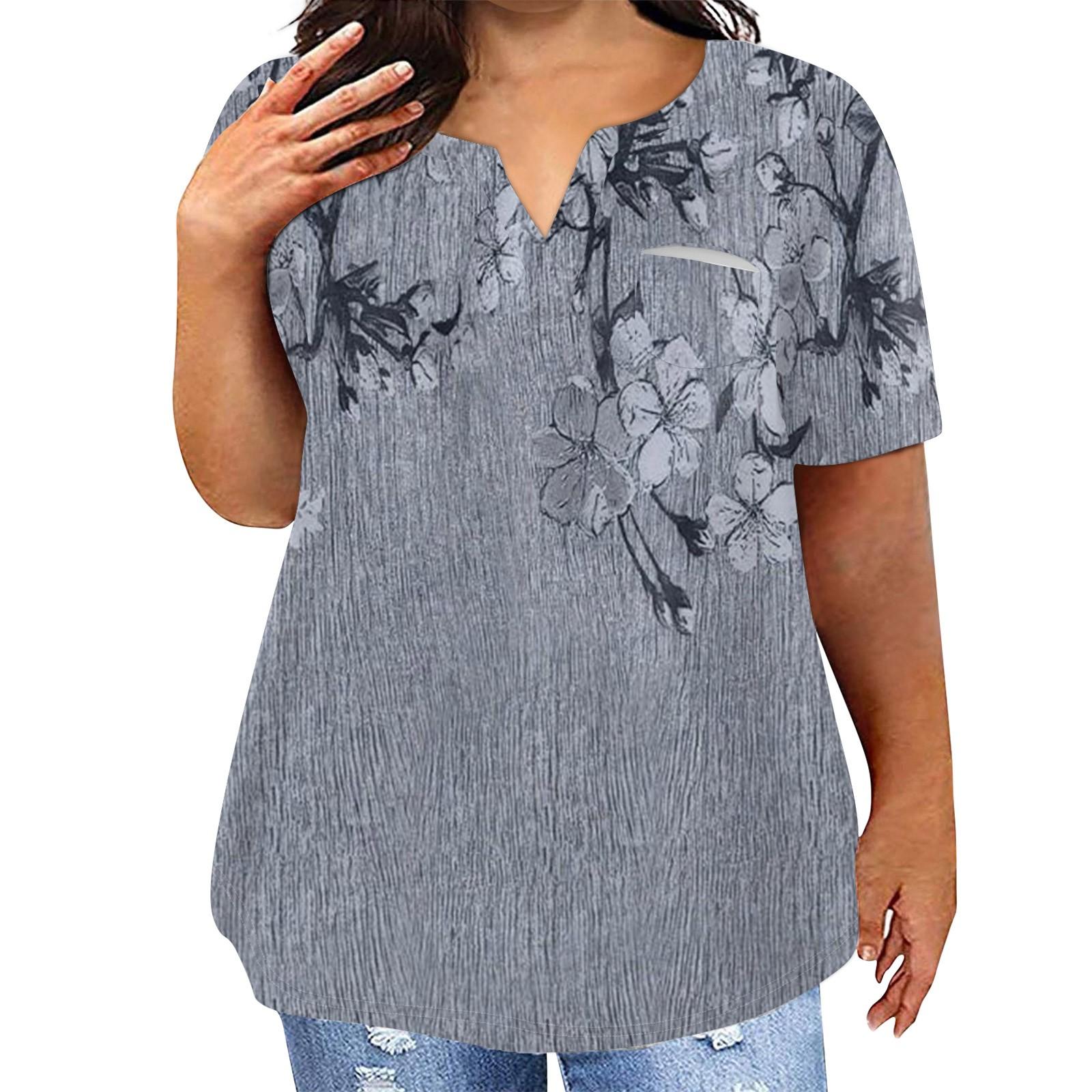 

Модная женская повседневная футболка больших размеров с коротким рукавом и круглым вырезом с цветочным принтом и карманами XXL серый