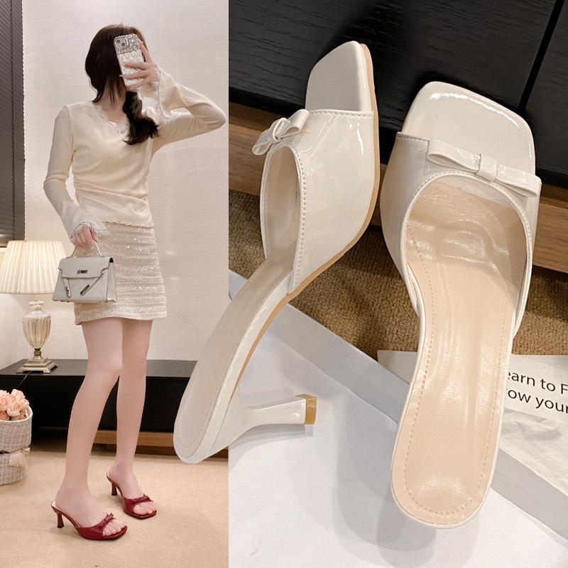 French High-heeled Slippers Women's 2025 New Summer Outer Wear Square Head Thin Heel One-word Drag Bow Sandals Versatile Temperament
