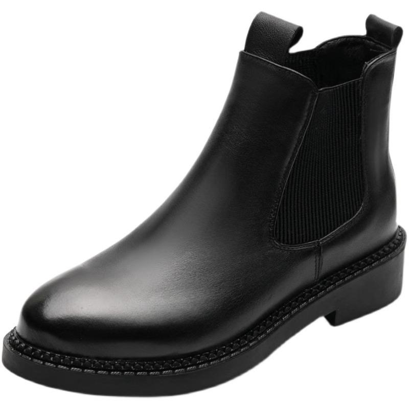 Year flat women's short boots leather autumn and winter new Martin boots velvet thick-soled Chelsea boots thick heel single boots