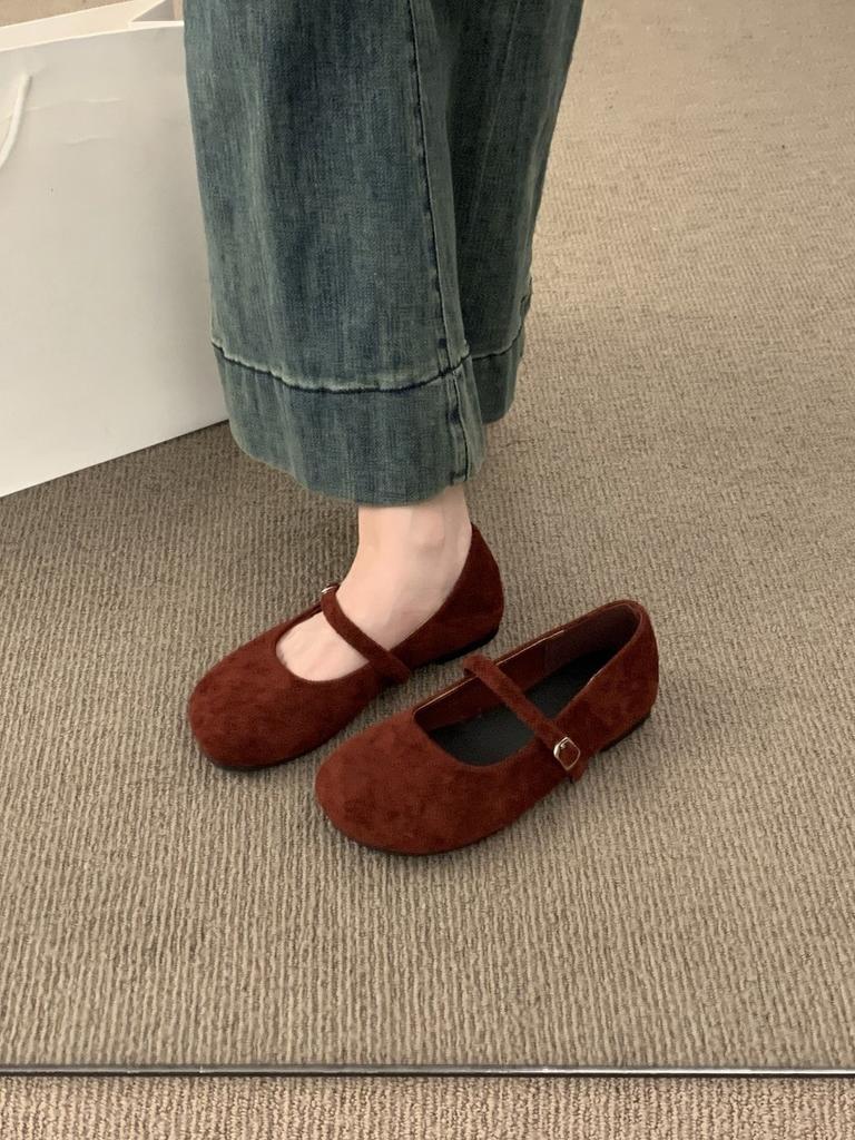 Retro evening breeze, flat suede round-toed Mary Jane shoes, versatile and not tiring feet, shallow lipstick ballet single shoe girl