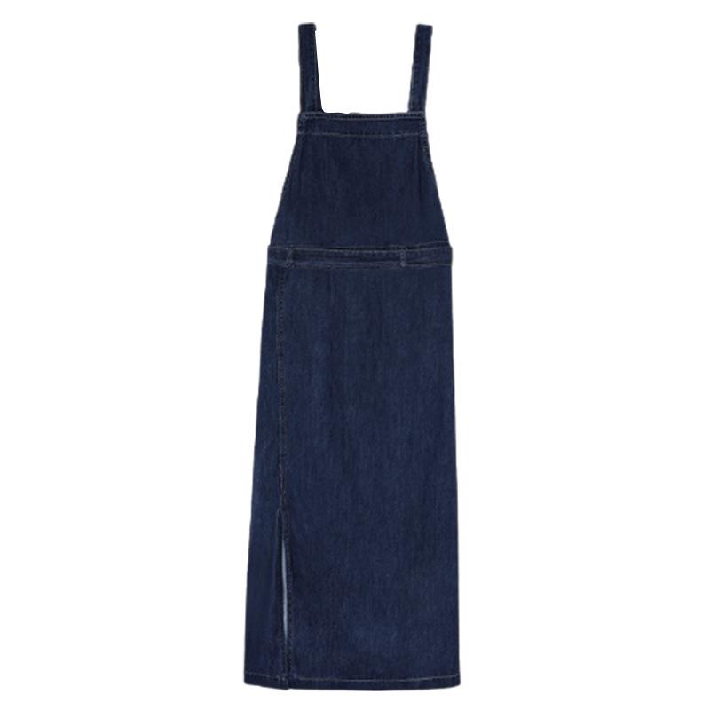 Damen Denim Latzrock in lockerer Passform - Lässiges französisches Streetstyle Trägerkleid mit Seitenschlitz.