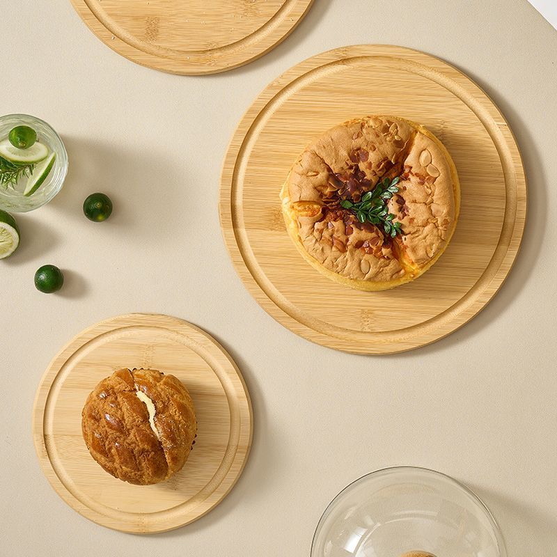 Simple Wood Round Fruit Dessert Tray Retro Bamboo Wood Cake Tray Home Living Room Table Fruit Snack Dessert Plating Glass Cover