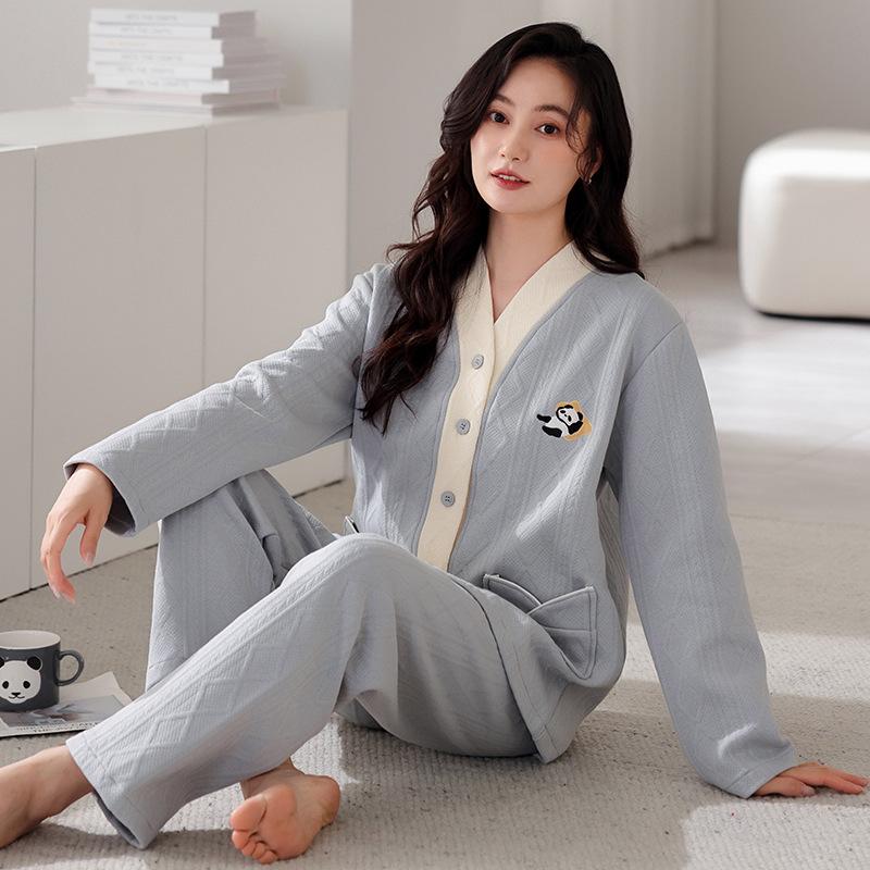 Air Cotton Pajamas Women's Spring and Autumn Thickened Pure Cotton Long-sleeved Women's Autumn and Winter Interlayer Thin Padded Loungewear