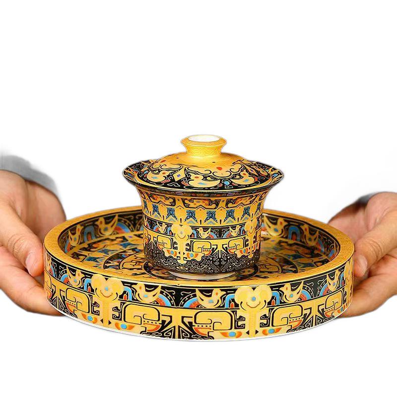 Thangka suspended gaiwan, three-talent tea brewing bowl cup, one pot, three-cup tea brewing set, ceramic kung fu tea set, small tea brewing set