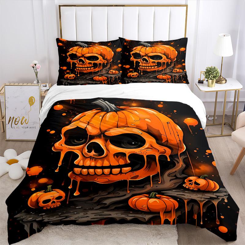 3pcs Halloween Pumpkin Skull Duvet Cover Set - Machine Washable, Includes 1 Cover and 2 Pillowcases, No Core Included yy251013120