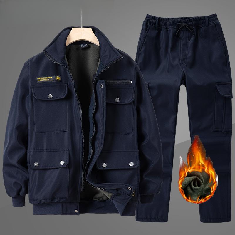 Outdoor work clothes men's suit autumn and winter plus velvet labor tooling jacket cargo pants 2-piece set