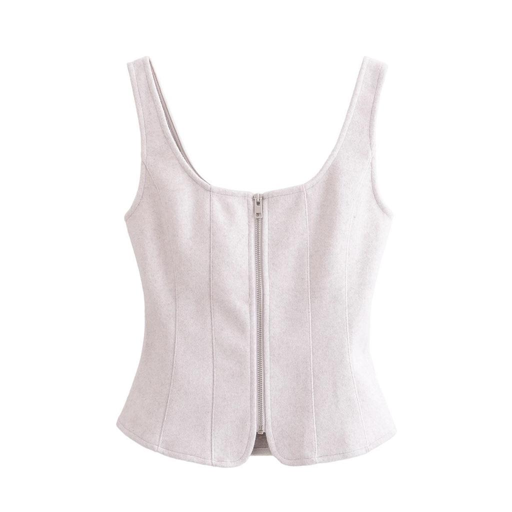 Spring 2025 Women's European & American Style Zipper Shoulder Strap Square Neck Slim-fit Top