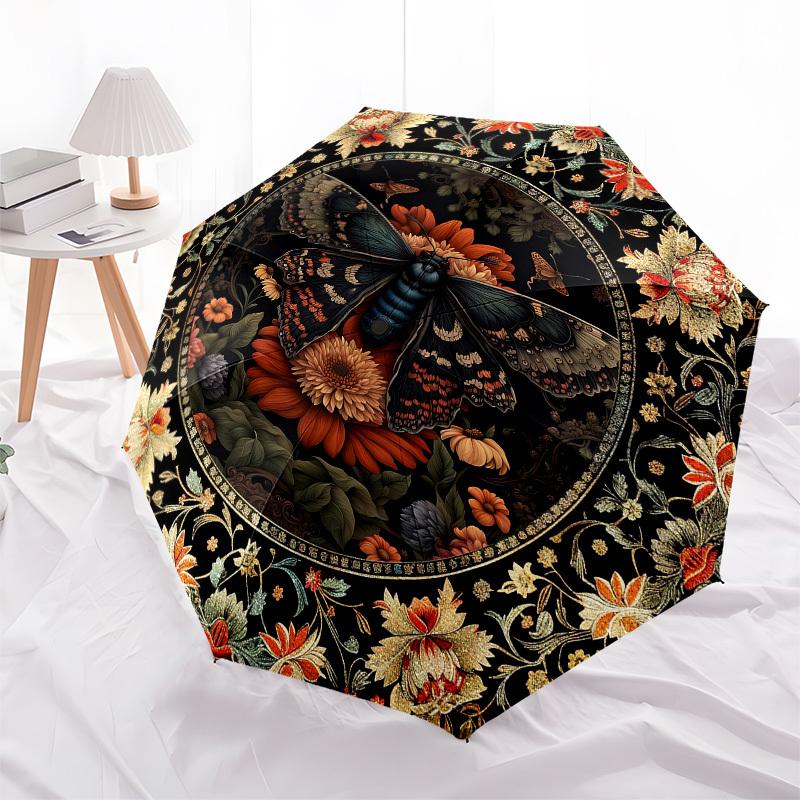 Butterfly, FloralThemed Automatic Opening and Closing Umbrella 8 Ribs, Suitable for Leisure and Going Out, Outdoor Accessory, Gothic Style