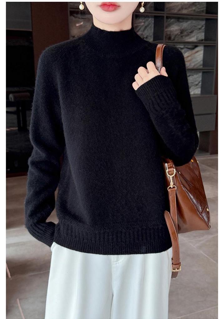 Autumn/Winter Women's Double-Ply Thick Wool Half-High Collar Raglan Sleeve Sweater 