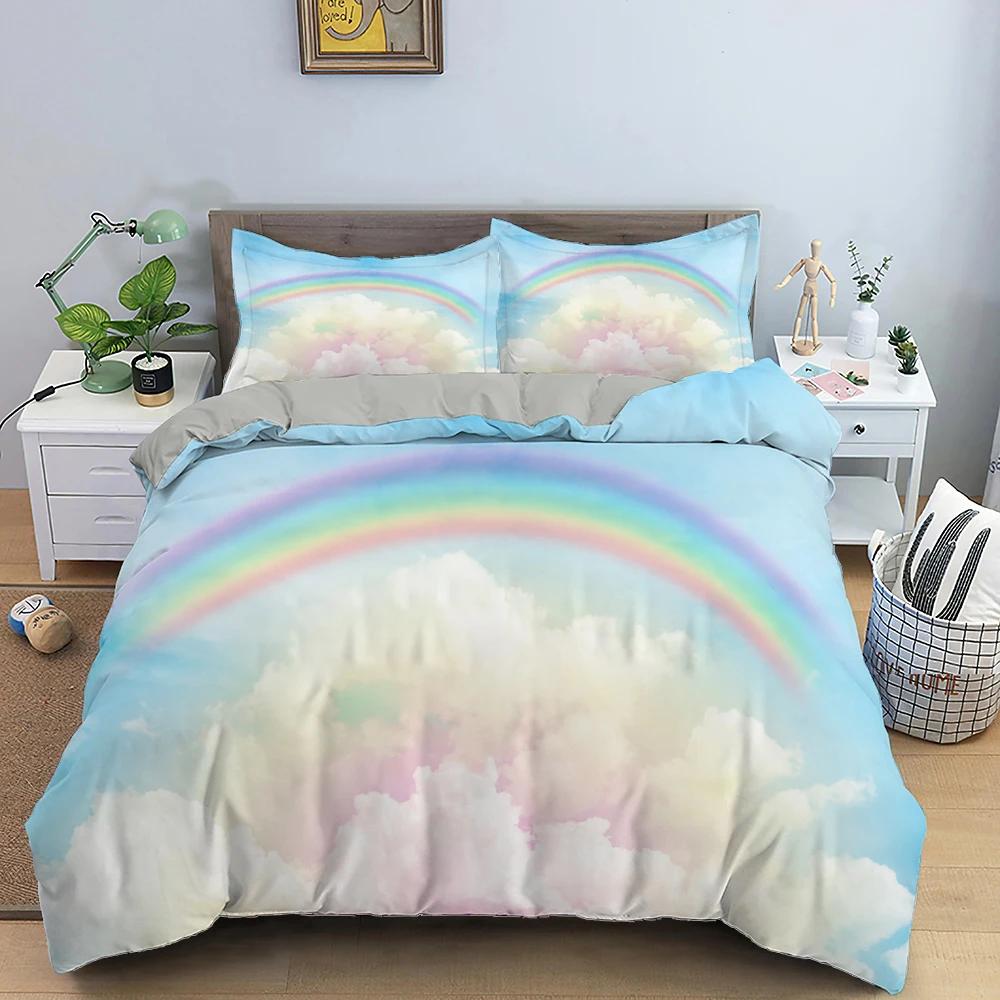 Rainbow Duvet Cover Purple Sky for Girls Women Romantic Gifts Clouds Cartoon Style Quilt Cover Bedroom Decorations Queen Size