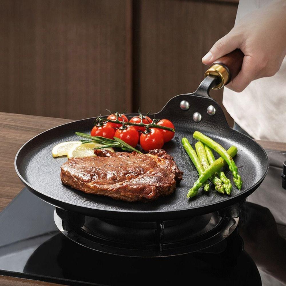 Durable Uncoated Cast Iron Frying Pan Wood Handle Universal Non-stick Pan Thickened Crepe Maker Stove Top