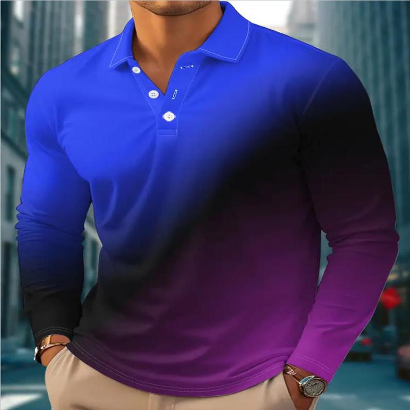 New Digital Printed Men's Autumn Long Sleeved Color Blocked Sports Casual Fashion Polo Collar Gradient Men's Top
