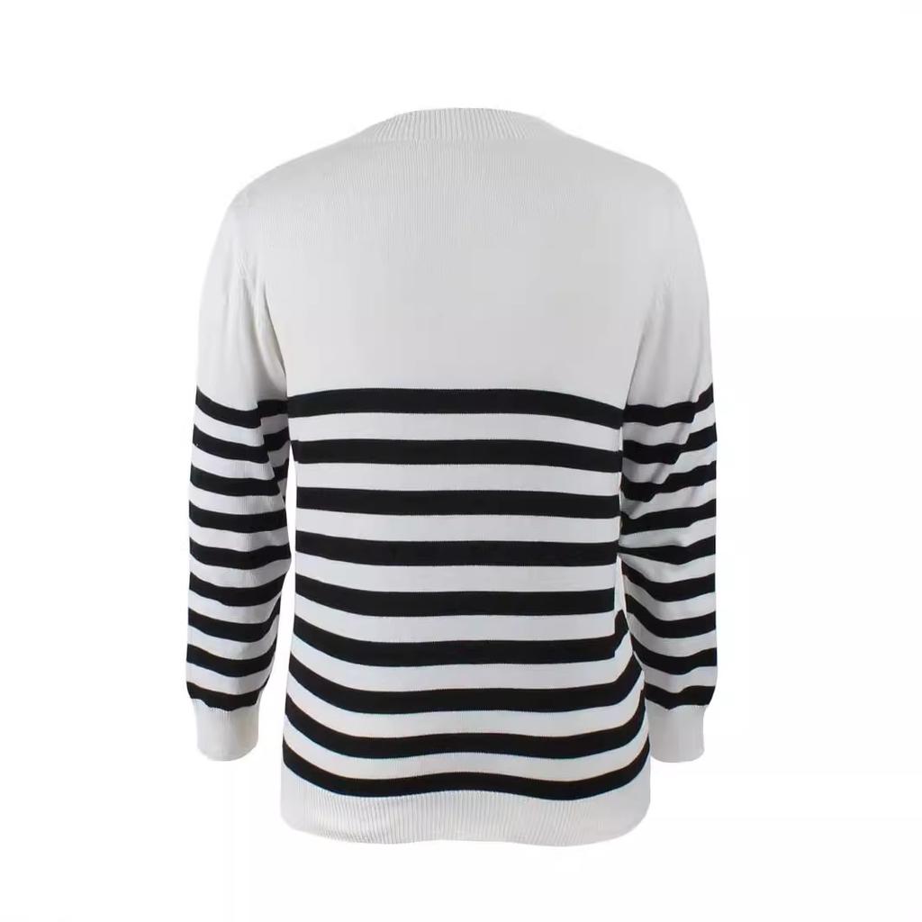 Women's Autumn and Winter Black and White Striped Knitted Cardigan Loose Sweater