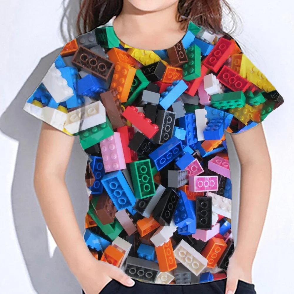 3D Colourful Bricks Short Sleeve Tshirts Summer Children's Boy's Clothing T-Shirt For Girls Kids Clothes Fashion 2026 Tees Tops