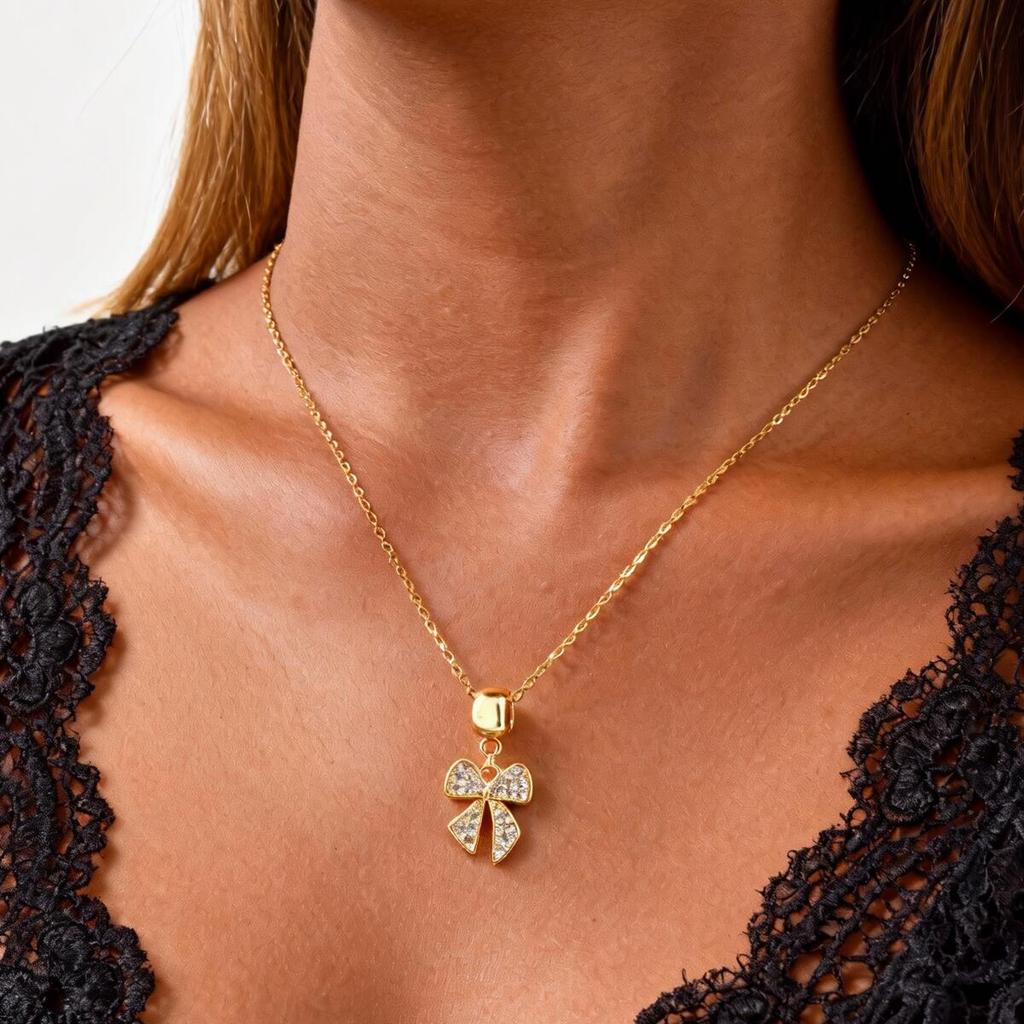 Pave Cubic Zirconia Charms Bowtie Flower Pendant Necklace for Women, Fashion Stainless Steel Clavicle Chain Necklaces Wholesale