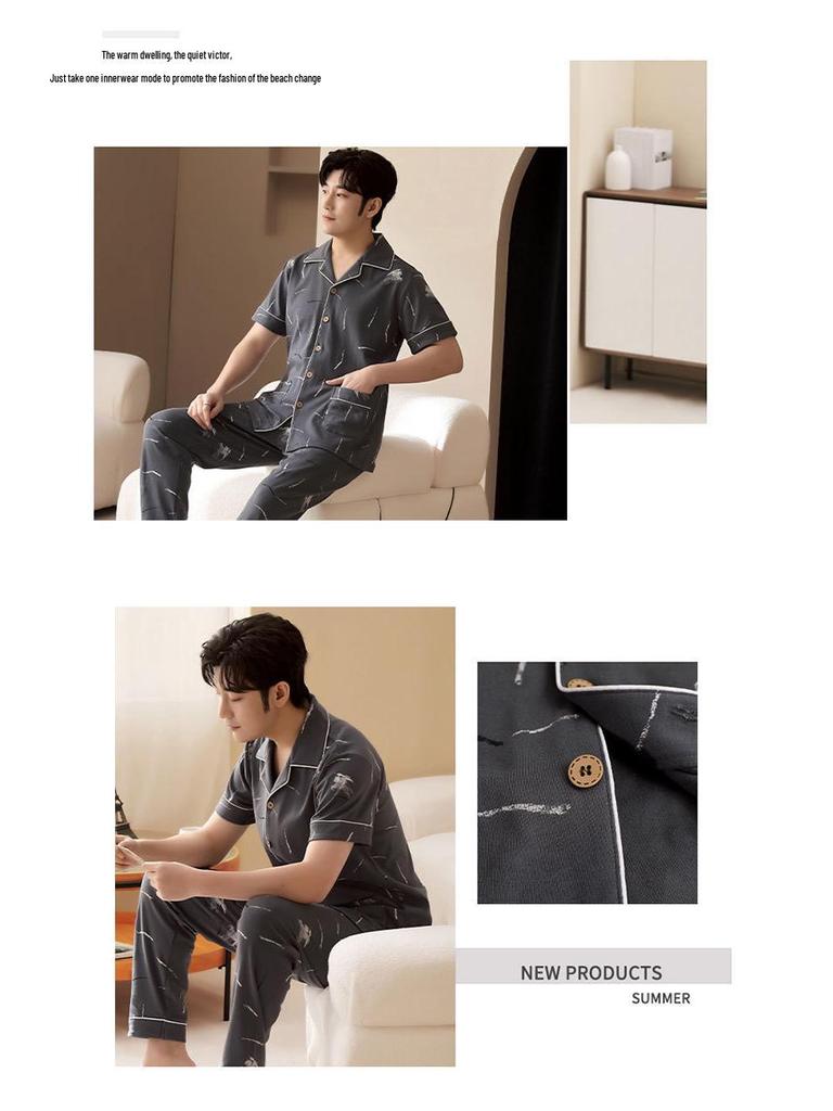 Men's Summer Cotton Pajama Set: Short Sleeve, Long Pants, Plus Size, Loose, Casual, Thin Cardigan Homewear.