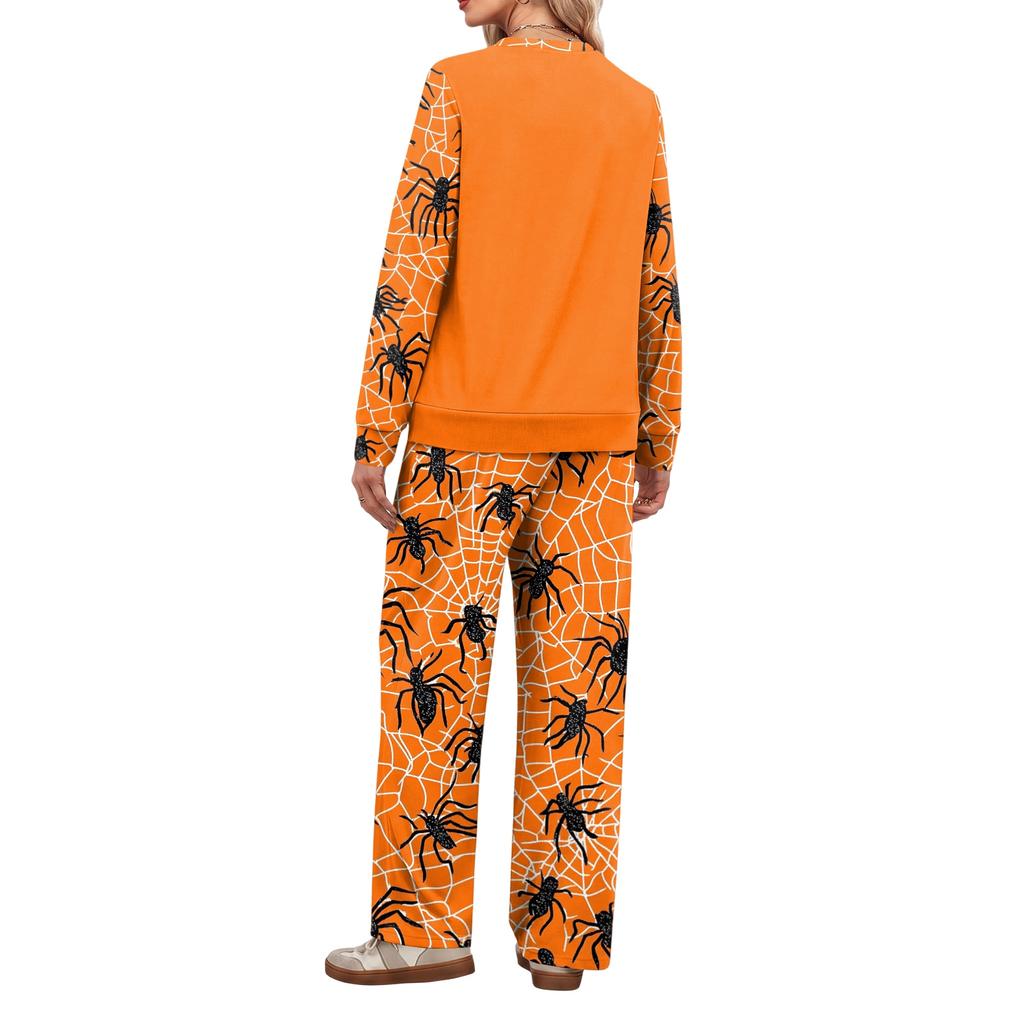 Women's Casual Loose Fit Crewneck Halloween Print Sweatshirt and Pants Set