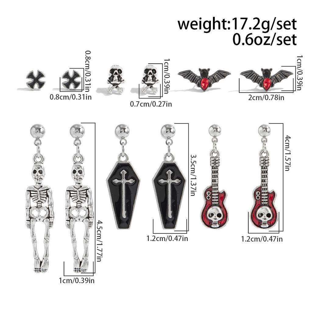 6pcs Set Dark Gothic Sliver Color Spider Web Bat Skull Blood-dripping Cross Stud Earrings for Women Men Halloween Jewelry Sets