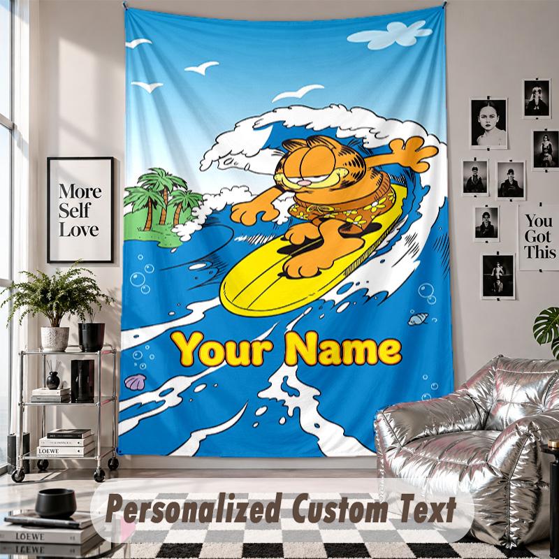 Wall Hanging Tapestry With Custom Name & Text, Garfield Decorative Tapestry For Bedroom