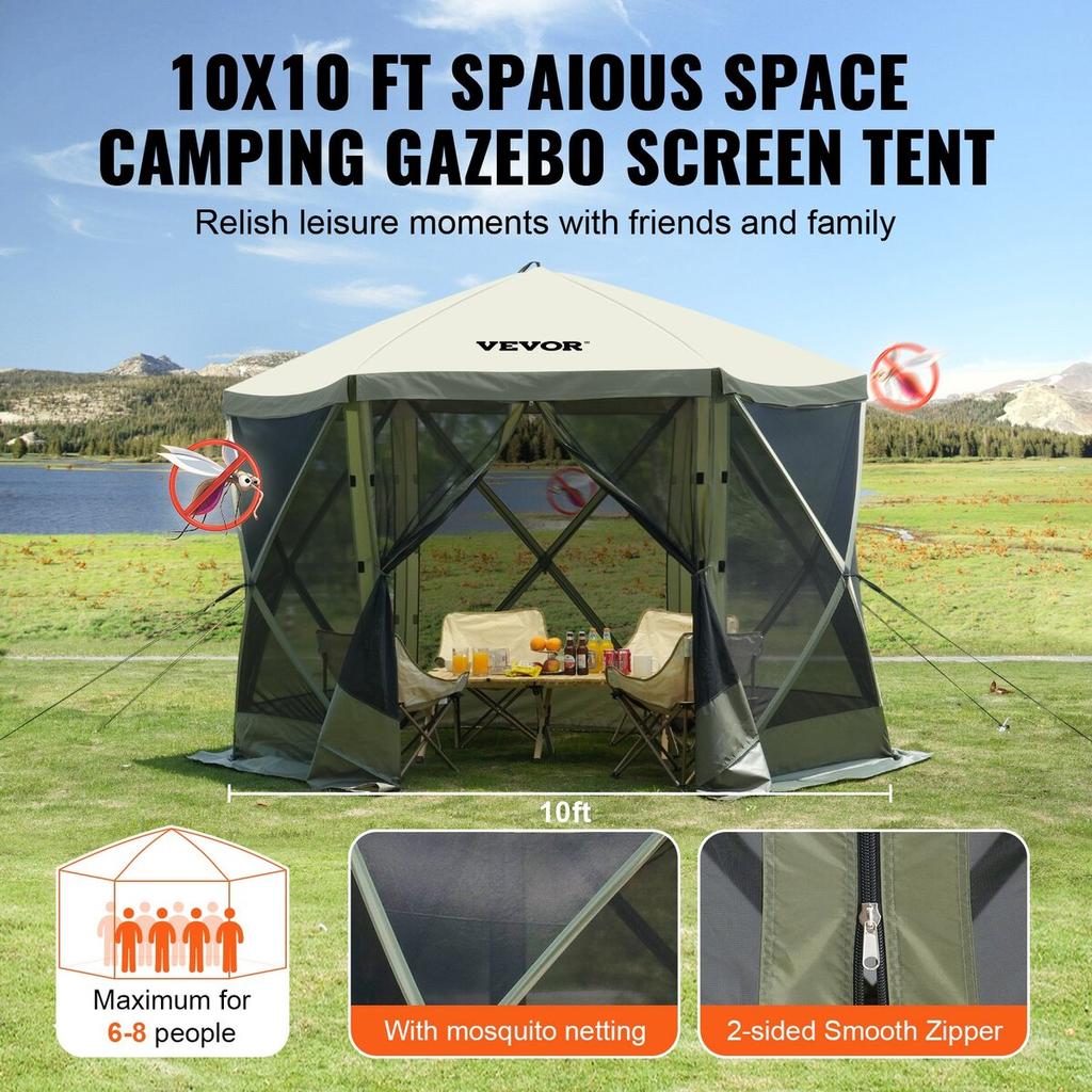 Pop Up Gazebo Tent Pop-Up Screen Tent 6 Sided Canopy Sun Shelter Green