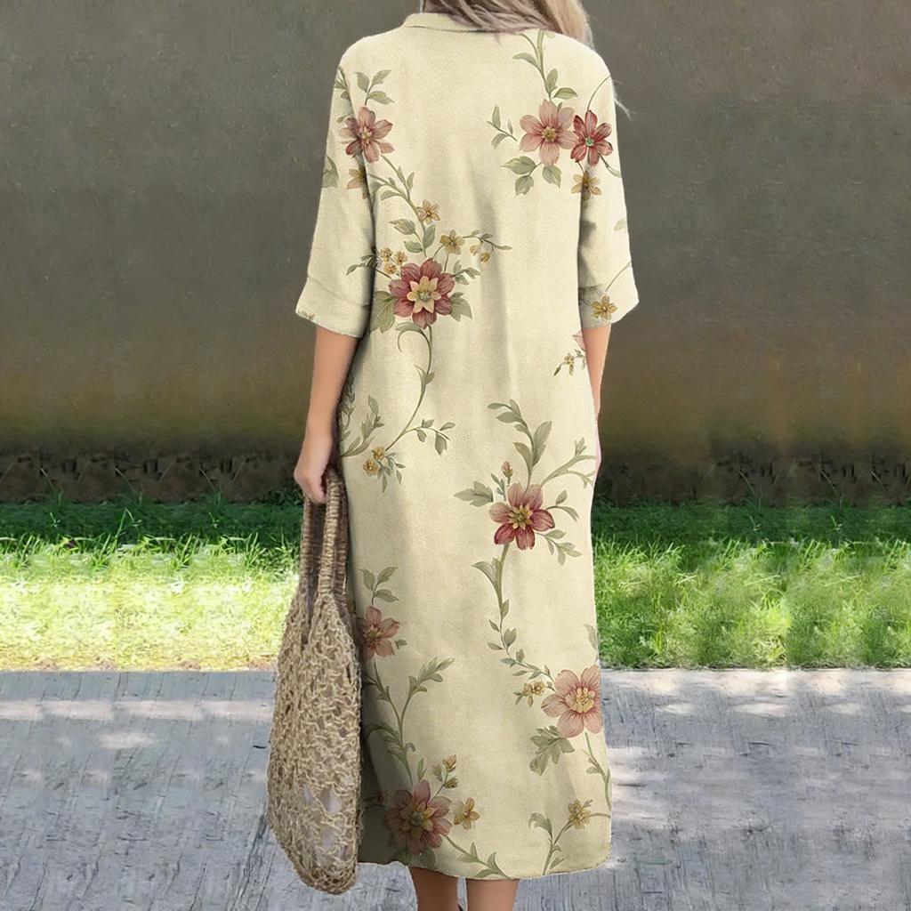 Women's Casual Summer Loose Skirt Slit V-Neck Printed Dress