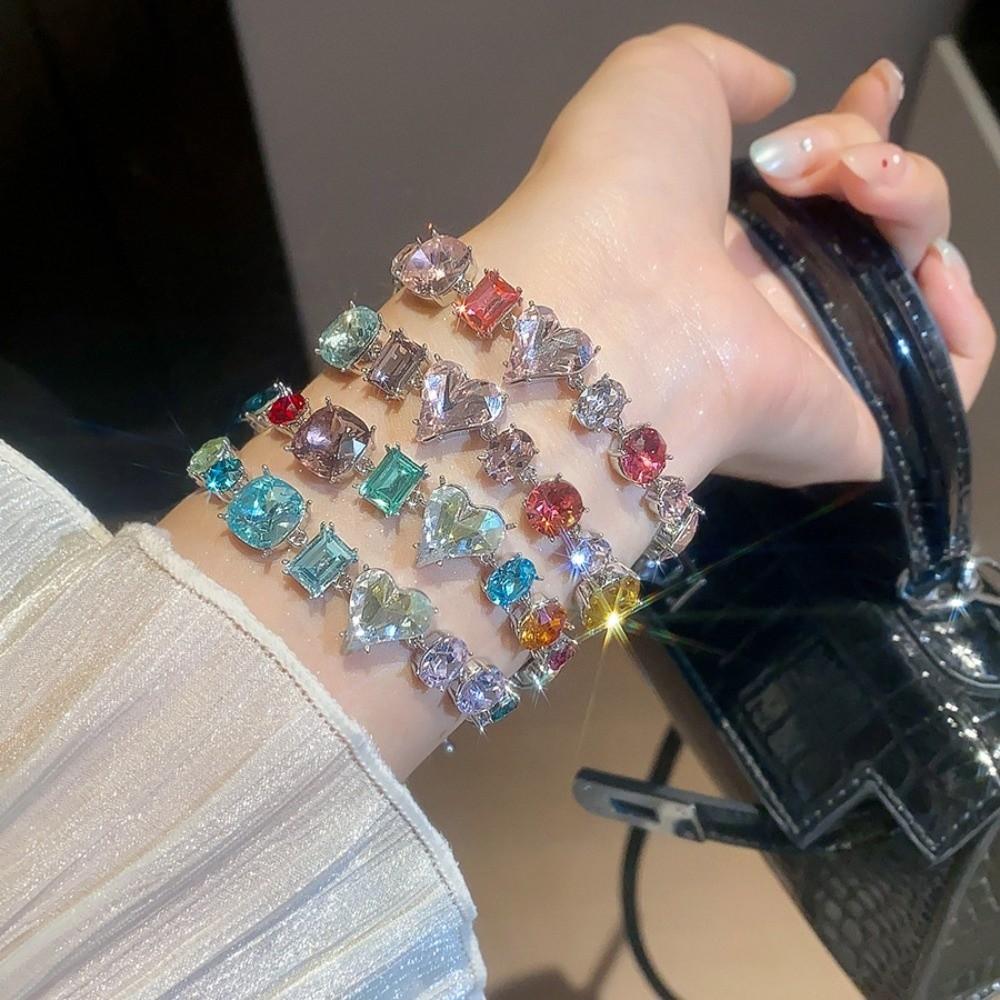 Love Heart Colorful Rhinestone Bangle Square Round Women's Hand Bracelet  Women Girl