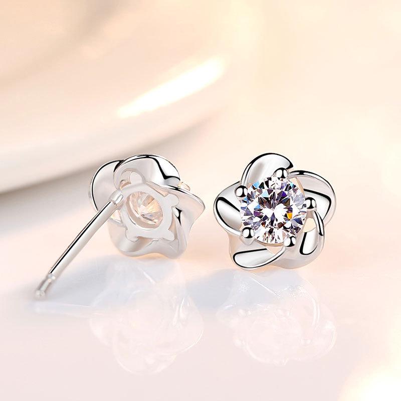 Sterling Silver Plum Blossom Diamond Stud Earrings for Women - Ancient Style, Simple, Versatile, Comfortable for Sleep
