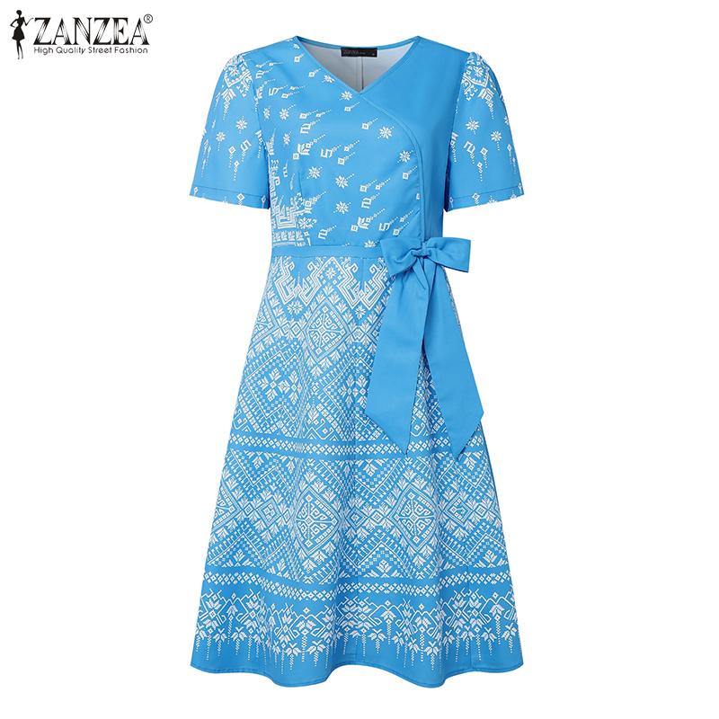 ZANZEA Women V-Neck Casual Short Sleeve Summer Print Dress