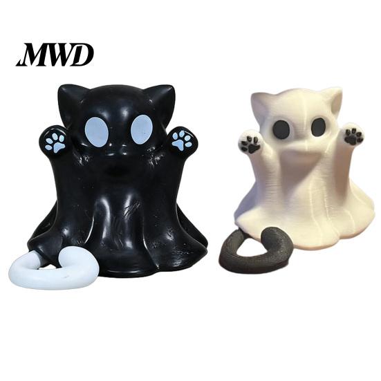 Cute Paw Print Figurine 2 Pcs Halloween Ghost Statue, Cat Figurine, Cartoon Lightweight Decorative Mini Spooky Kitten Ornament for Home Office