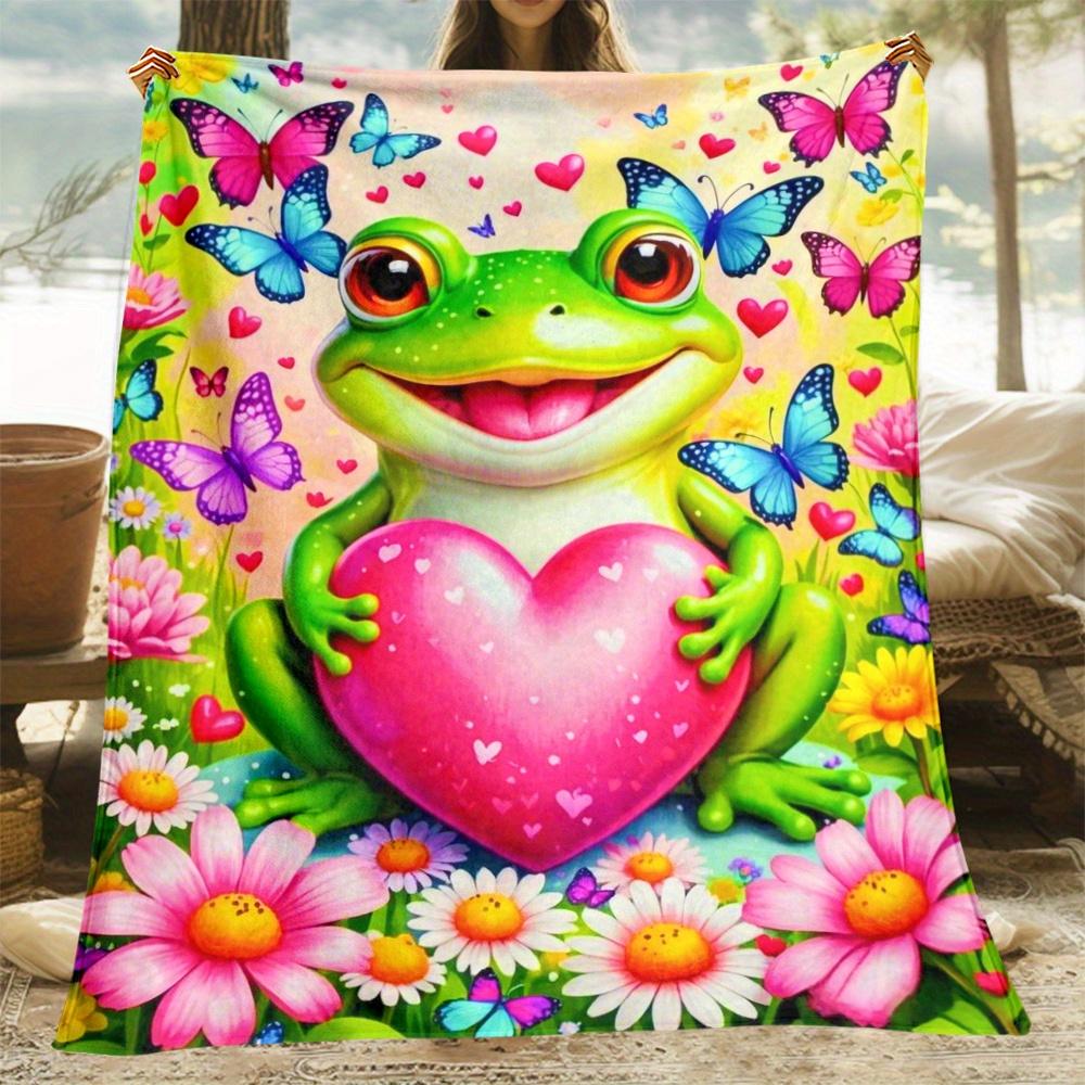 

1pc Frog holding heart butterfly garden blanket cute animal love theme flannel blanket kids room decor soft blanket 75x100cm