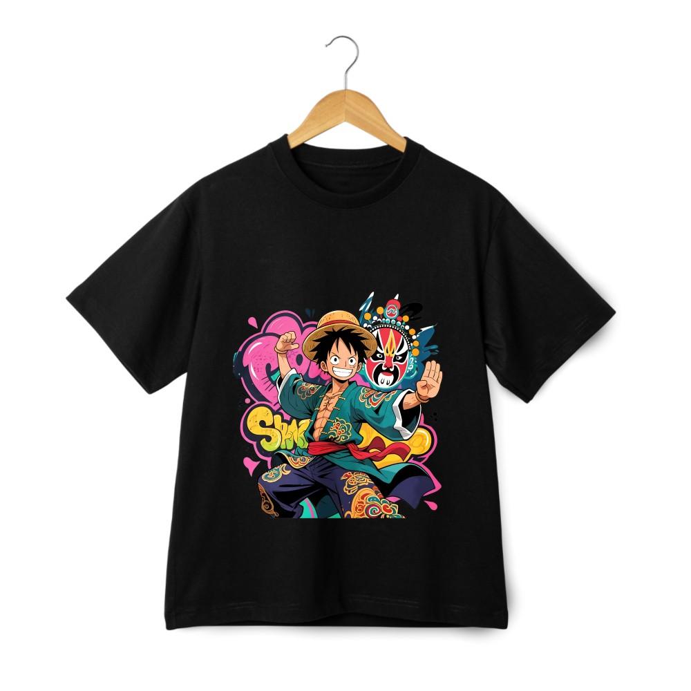 One Piece Luffy Tričko v čínském stylu s graffiti| Unisex, Černé a bílé