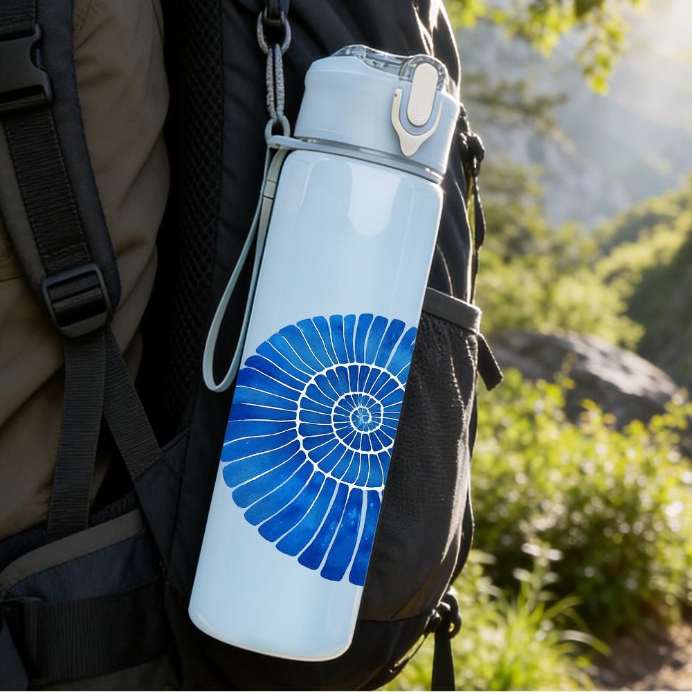 1PC Blue Spiral Seashell Pattern 750ml Color Plastic Sports Water Bottle Leakproof Flip Straw Lid Suitable for Sports Office Home Use