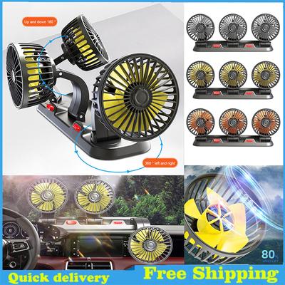 5/12/24V Ventilador de ar para veículo 2 velocidades 360 graus Ventilador de carro de resfriamento giratório com cabeça dupla USB Ventilador de carro para carro Caminhão Van SUV RV ATV Barco
