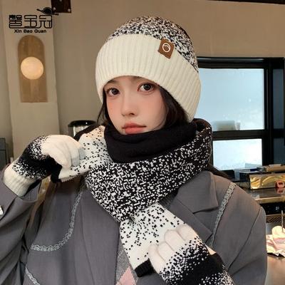 Winterwarme Fleece-Mütze, Schal-Set, Kälteschutz-Ohrenschützer, Wollmütze, vielseitige modische Strickmütze für Damen