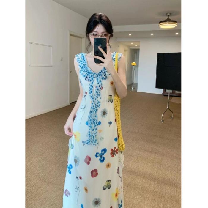 French beautiful temperament waist thin floral dress seaside vacation style print sleeveless dress women's summer wear