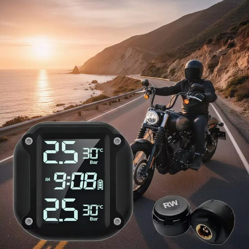 Motorcycle Wireless TPMS, Real-Time Tire Pressure Temperature Monitor, Waterproof LCD Display with External Sensors M5 external