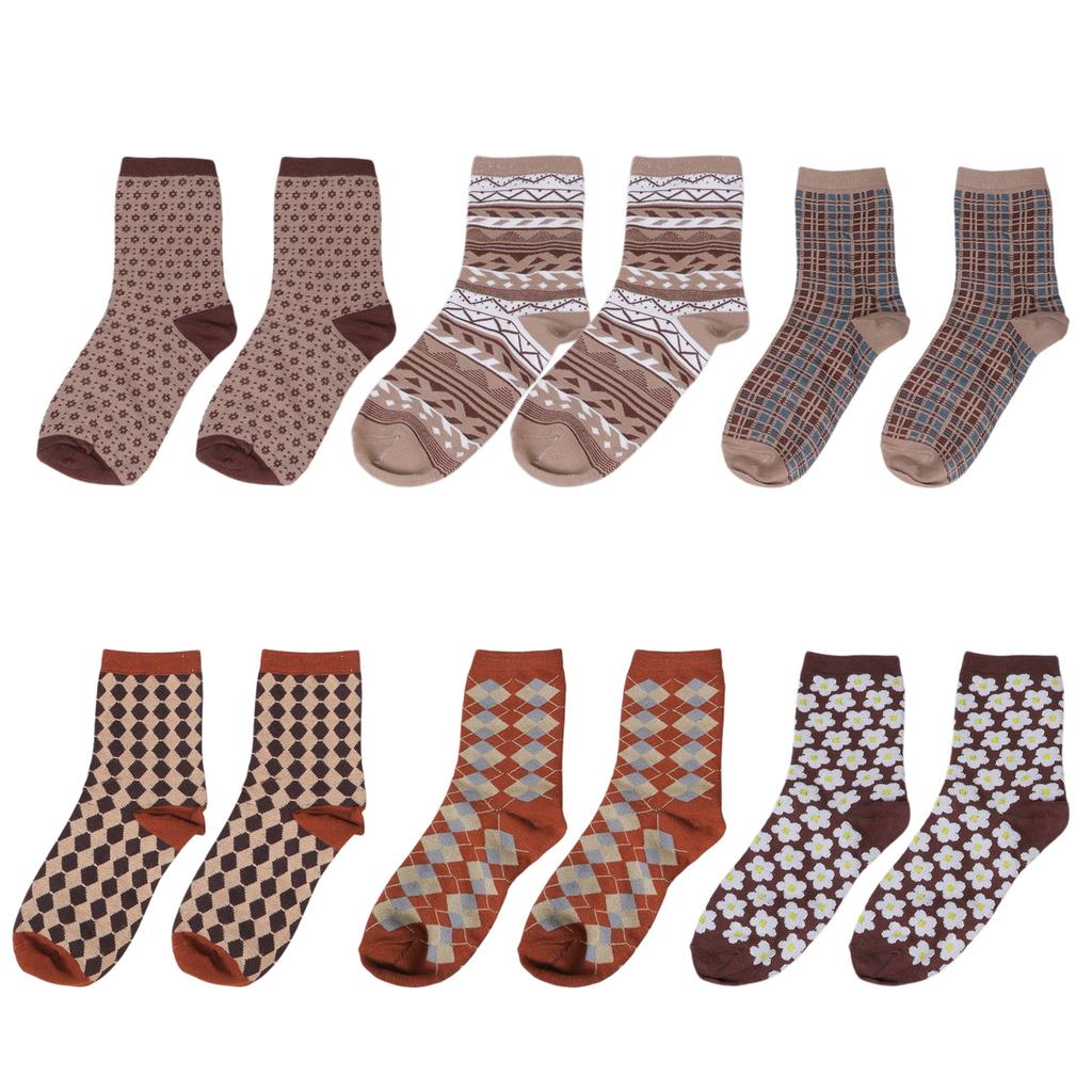 6 Pairs Harajuku College Style Women Student Crew Socks Vintage Geometric Print Casual Fashion Medium Stockings Gifts