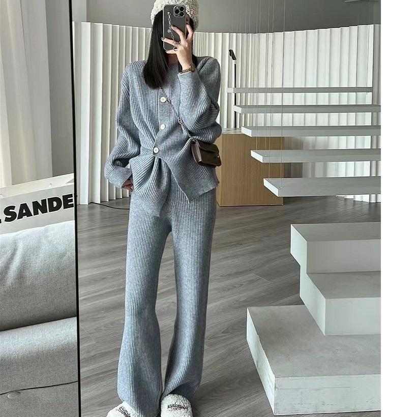 Elegantní úplety Kalhoty Soupravy Měkký svetr Cardigan Topy Oblek Úplet Široké nohavice Pantalones Conjunto Ležérní Pletené dvoudílné