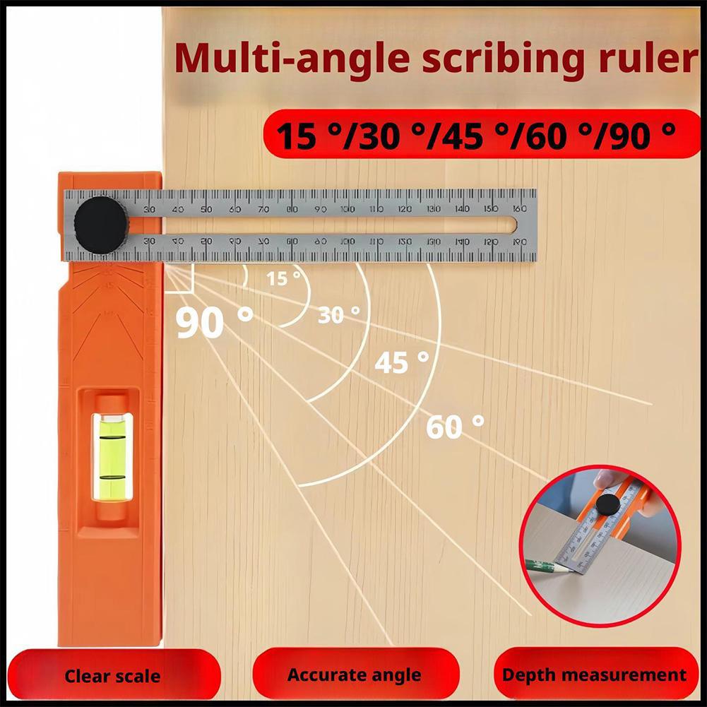 Foldable Depth Measuring Ruler Woodworking Multi-angle Marking Ruler Adjustable Positioning Scribing Protractor Multi-role Tools