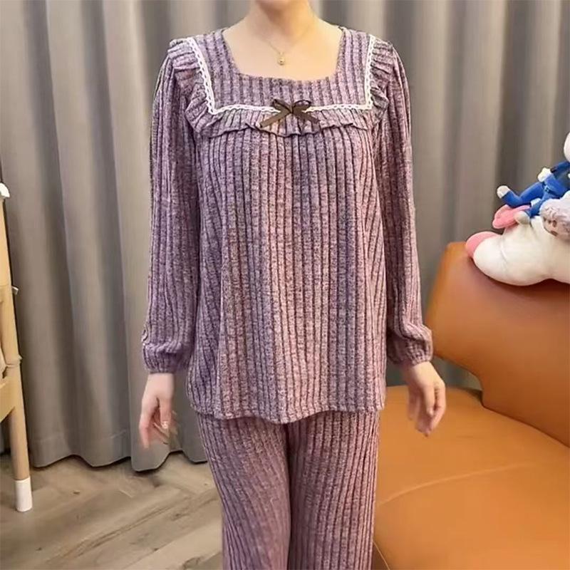 Cord Samt Quadratischer Ausschnitt Lockerer Pyjama Set - Damen Herbst/Winter Homewear