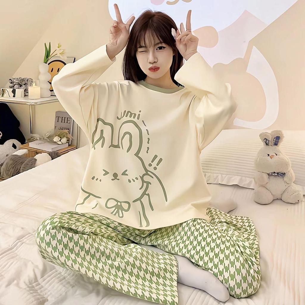 2PCS/Set Large Size Women Pyjamas Plaid Can Be Worn Outside Homewear Girl Long-Sleeved Sleepwear Casual Breathable