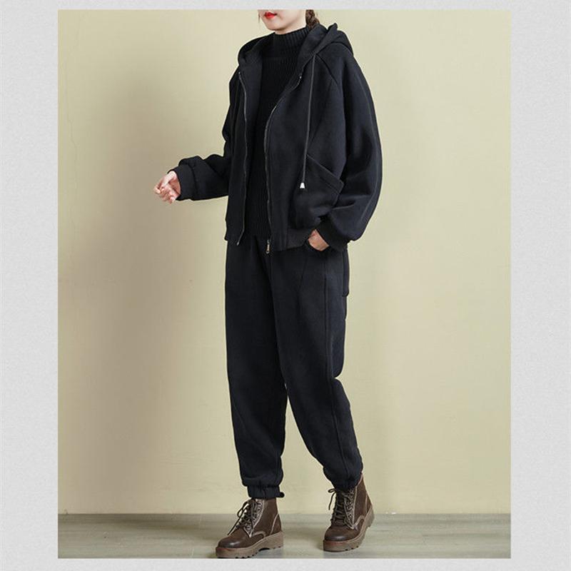 Women Sets Zipper Hoodies Harem Pants Suit Autumn Winter Fleece Thicken Warm Casual Tracksuit
